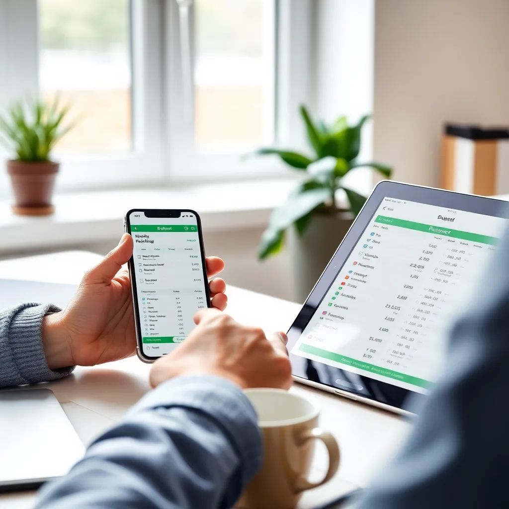 Persoon die budgetapps vergelijkt op smartphone en tablet