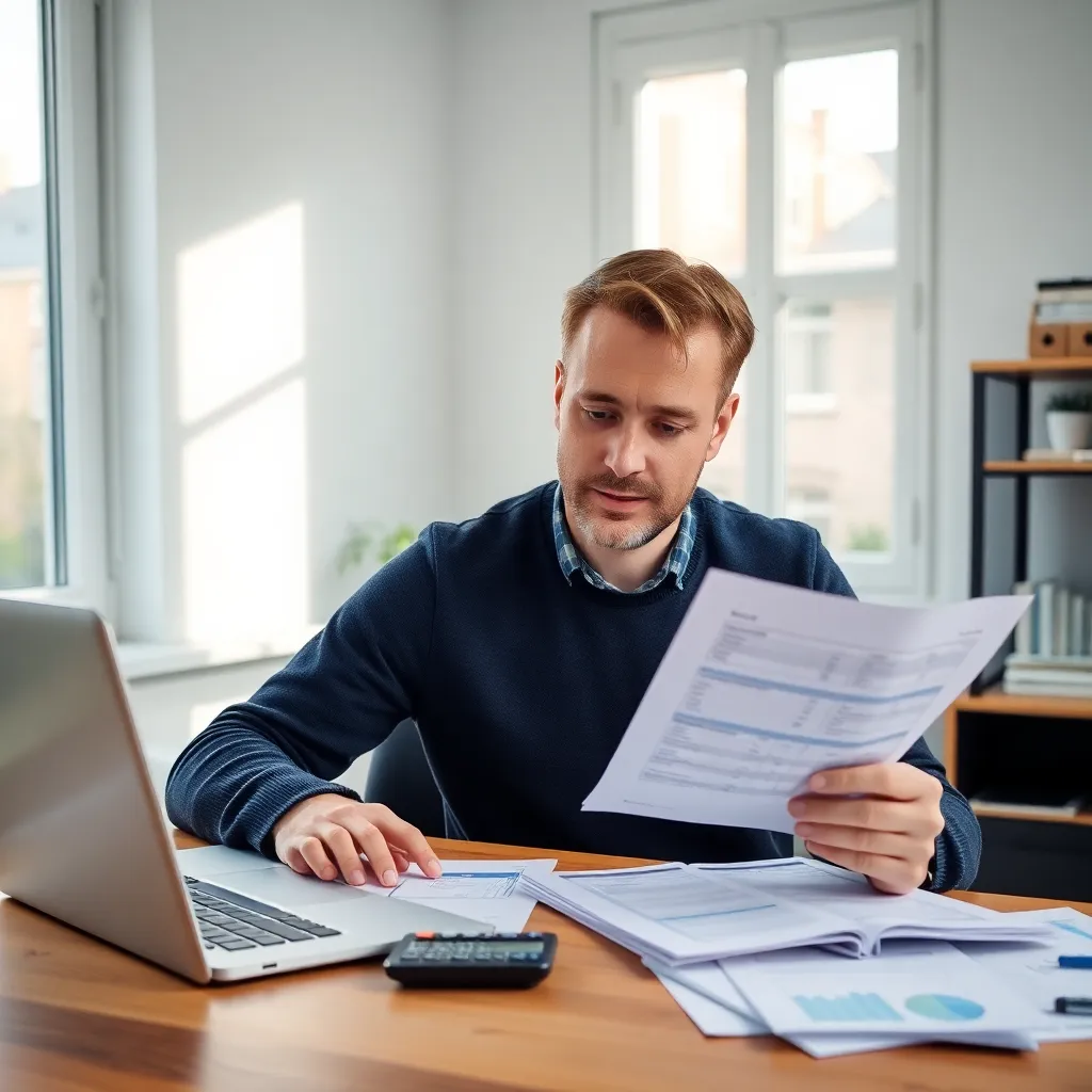 Persoon die budgetanalyse uitvoert met belastingdocumenten
