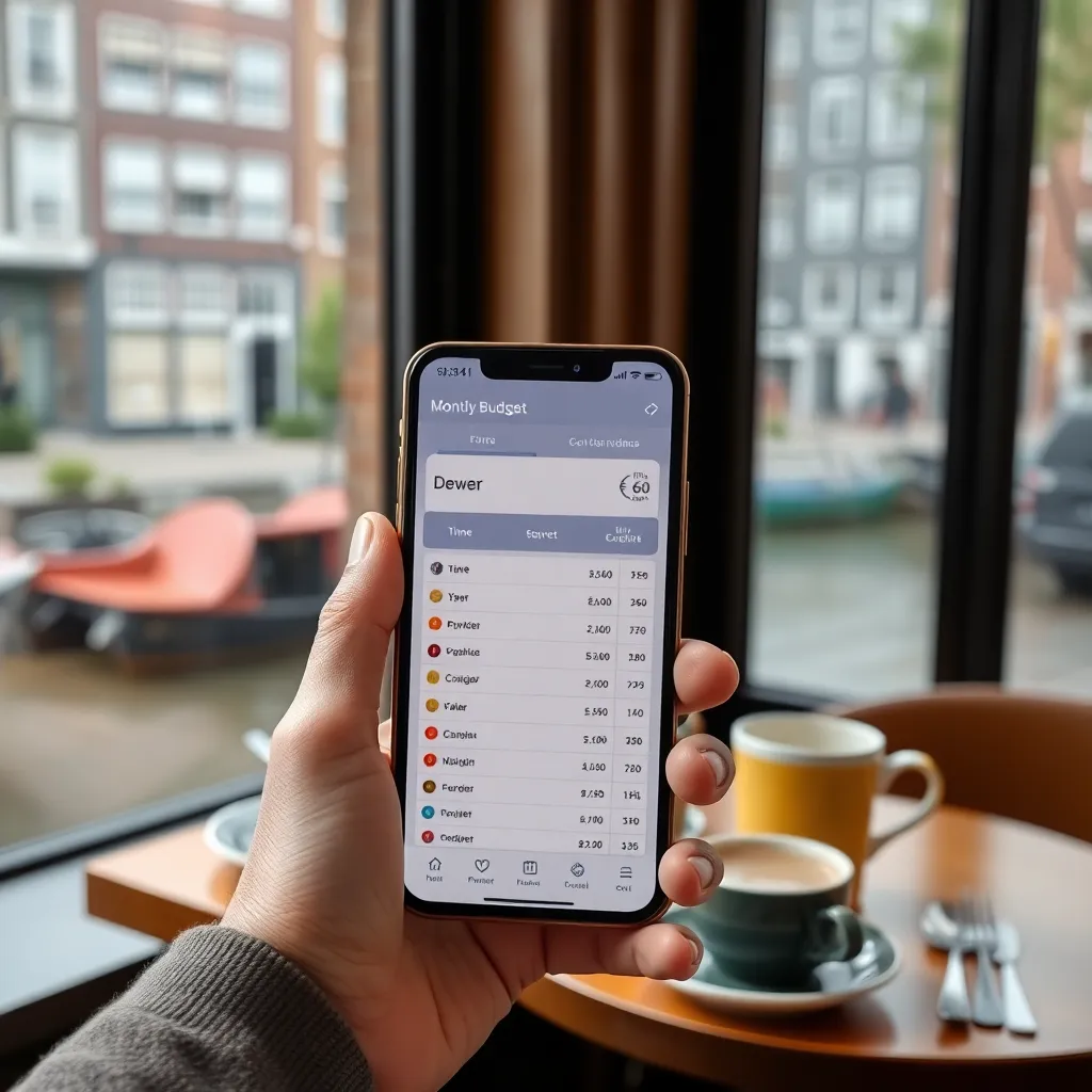 Een smartphone met een Nederlandse budgetapp die uitgaven bijhoudt