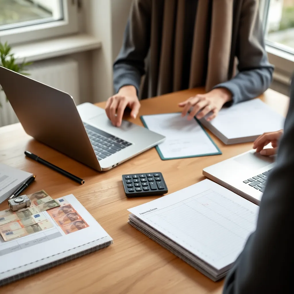 Persoon die budgetplanning doet met laptop en administratie