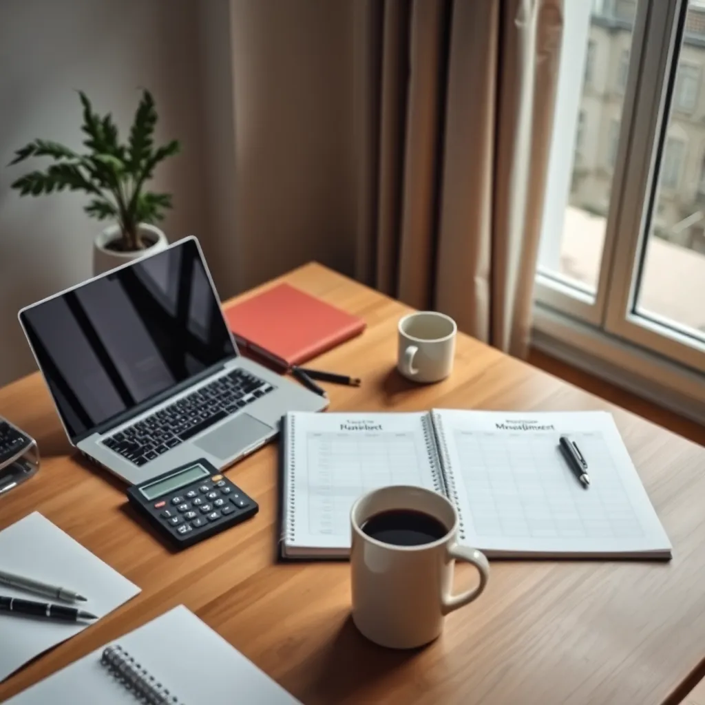 Een georganiseerd bureau met financiële documenten en een laptop