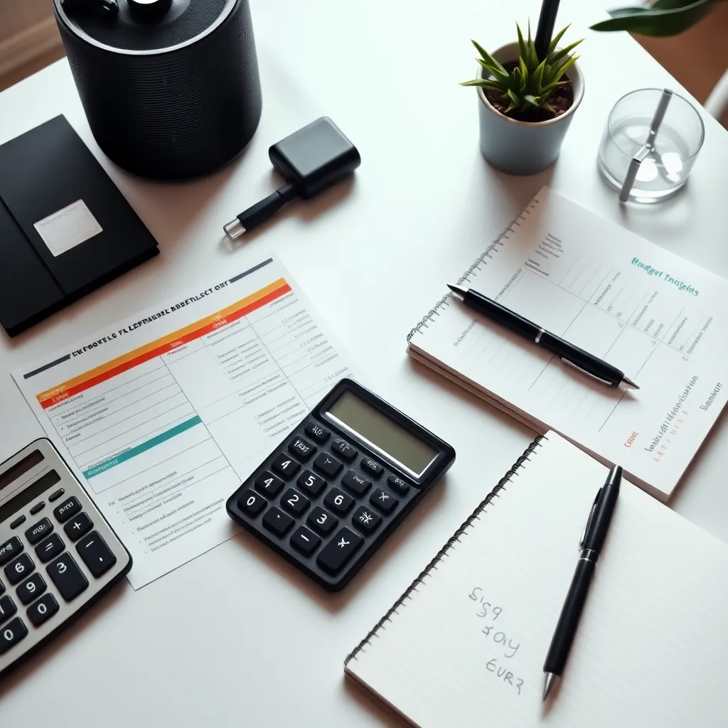 Een bureau met Nederlandse budgetplanningsdocumenten en een calculator
