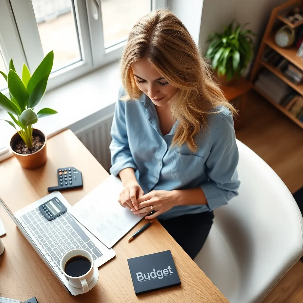 Een jonge Nederlandse vrouw die haar maandelijkse budget plant met een laptop en notities